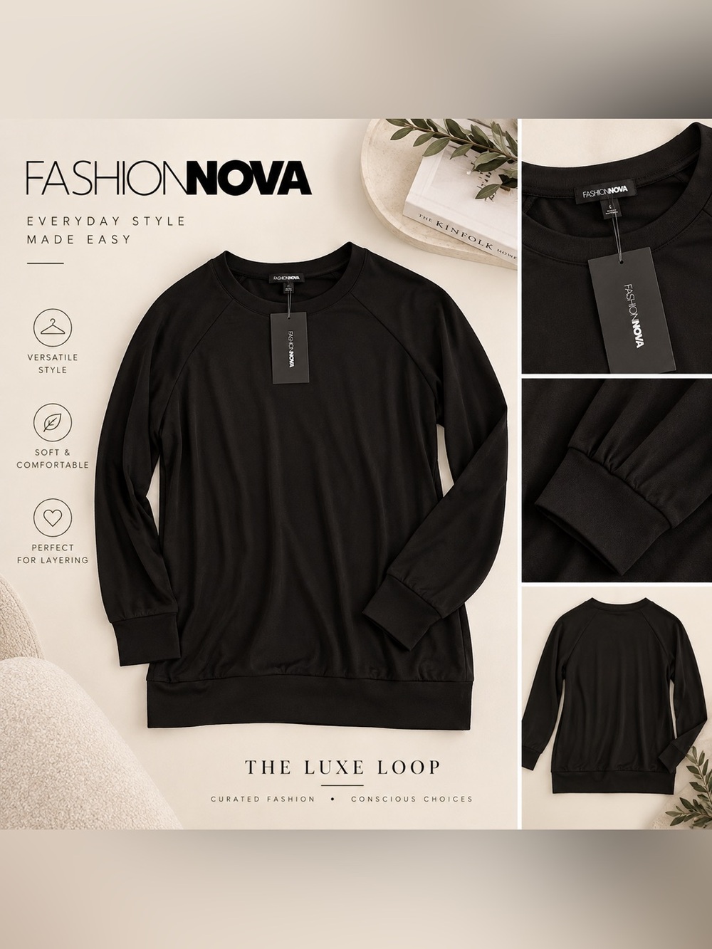 Fashion Nova Women’s Black Long Sleeve Crewneck Top